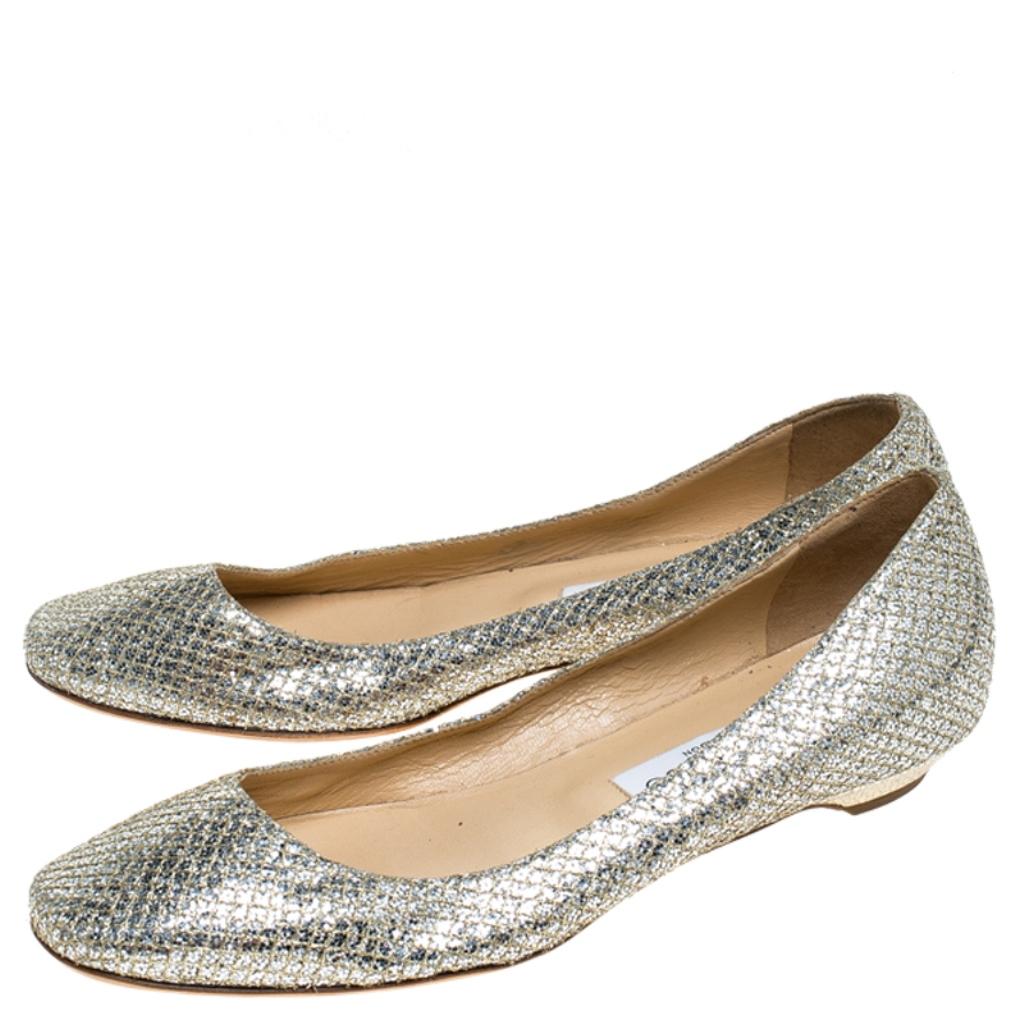 Women's Jimmy Choo Metallic Gold Glitter Fabric Ballet Flats Size 38