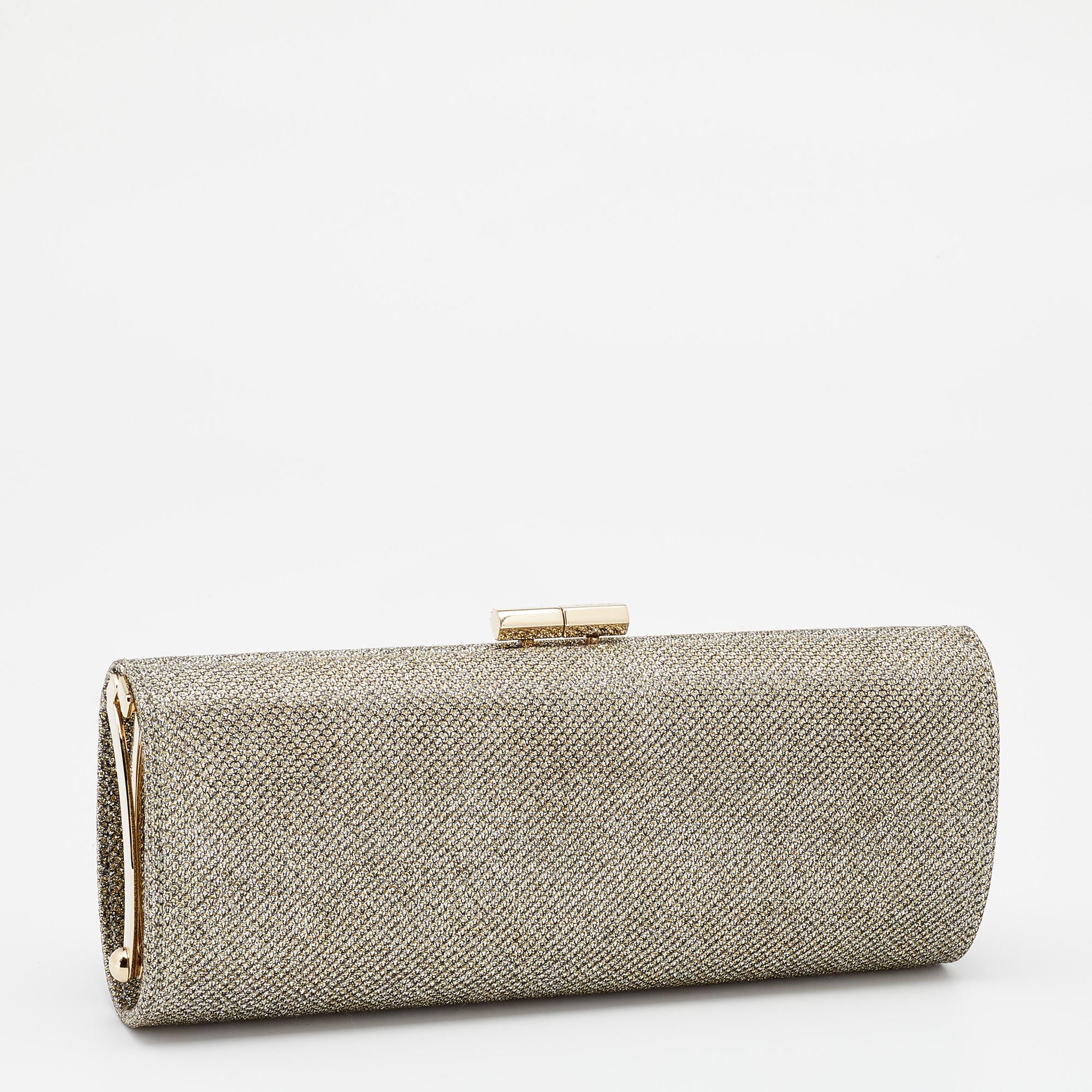 Brown Jimmy Choo Metallic Gold Glitter Fabric Tube Clutch