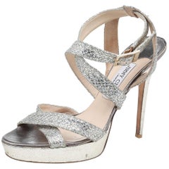 Jimmy Choo Metallic Gold Glitter Fabric Vamp Platform Strappy Sandals Size 40