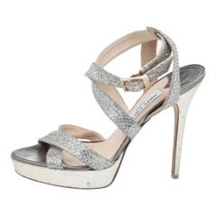 Jimmy Choo Metallic Gold Glitter Fabric Vamp Platform Strappy Sandals Size 40