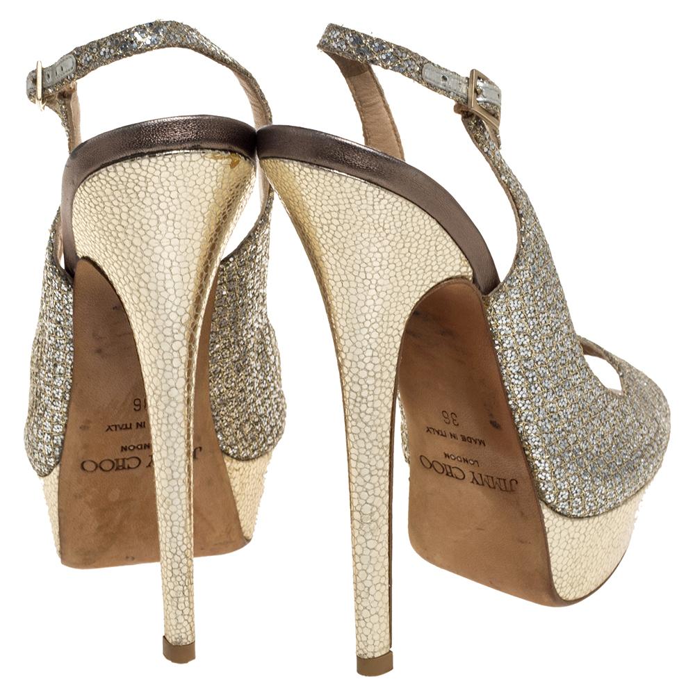 Jimmy Choo Metallic Gold Glitter Leather Peep Toe  Slingback Sandals Size 36 1