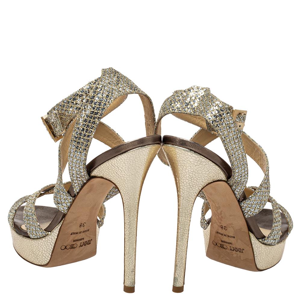 Jimmy Choo Sandalias de plataforma con tiras de purpurina dorada metalizada talla 38 Marrón