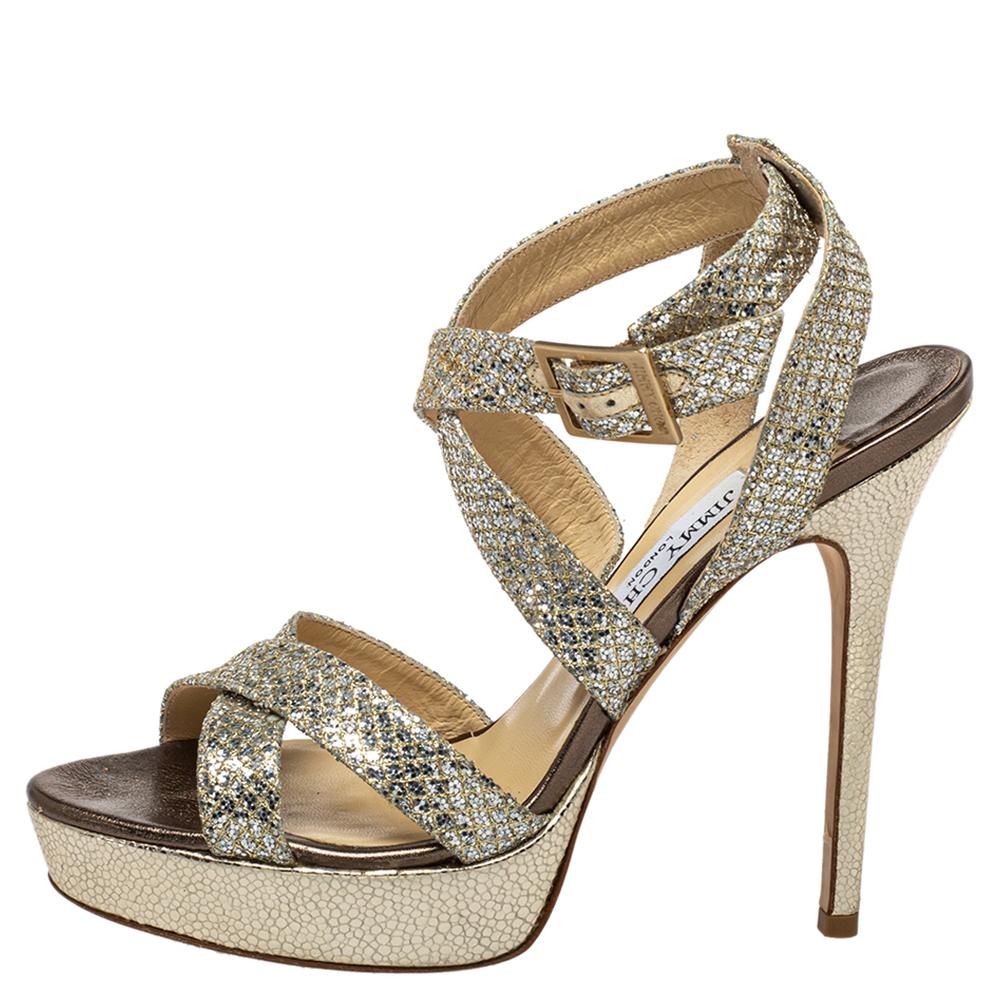 De las mujeres Jimmy Choo Sandalias de plataforma con tiras de purpurina dorada metalizada talla 38