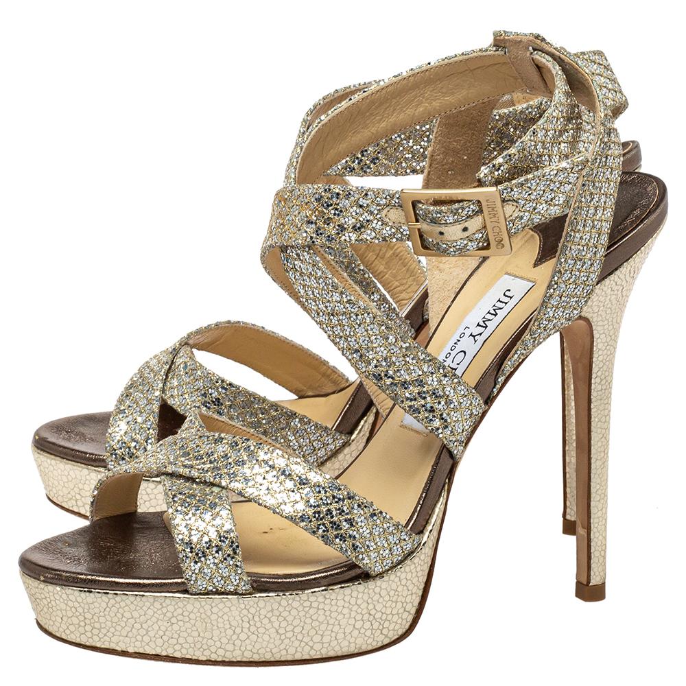 Jimmy Choo Metallic Gold Glitter Strappy Platform Sandals Size 38 In Good Condition In Dubai, Al Qouz 2