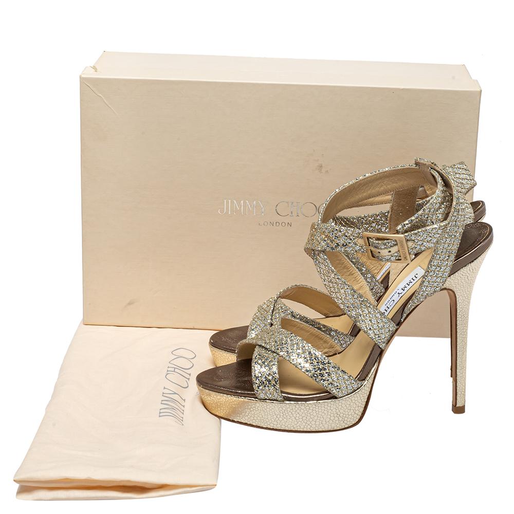 Women's Jimmy Choo Metallic Gold Glitter Strappy Platform Sandals Size 38