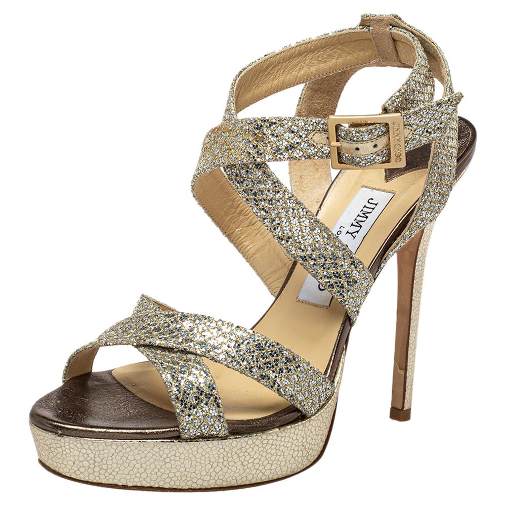 Jimmy Choo Metallic Bronze Leather Crystal Ankle Strap Sandals Size 36 5 For Sale At 1stdibs