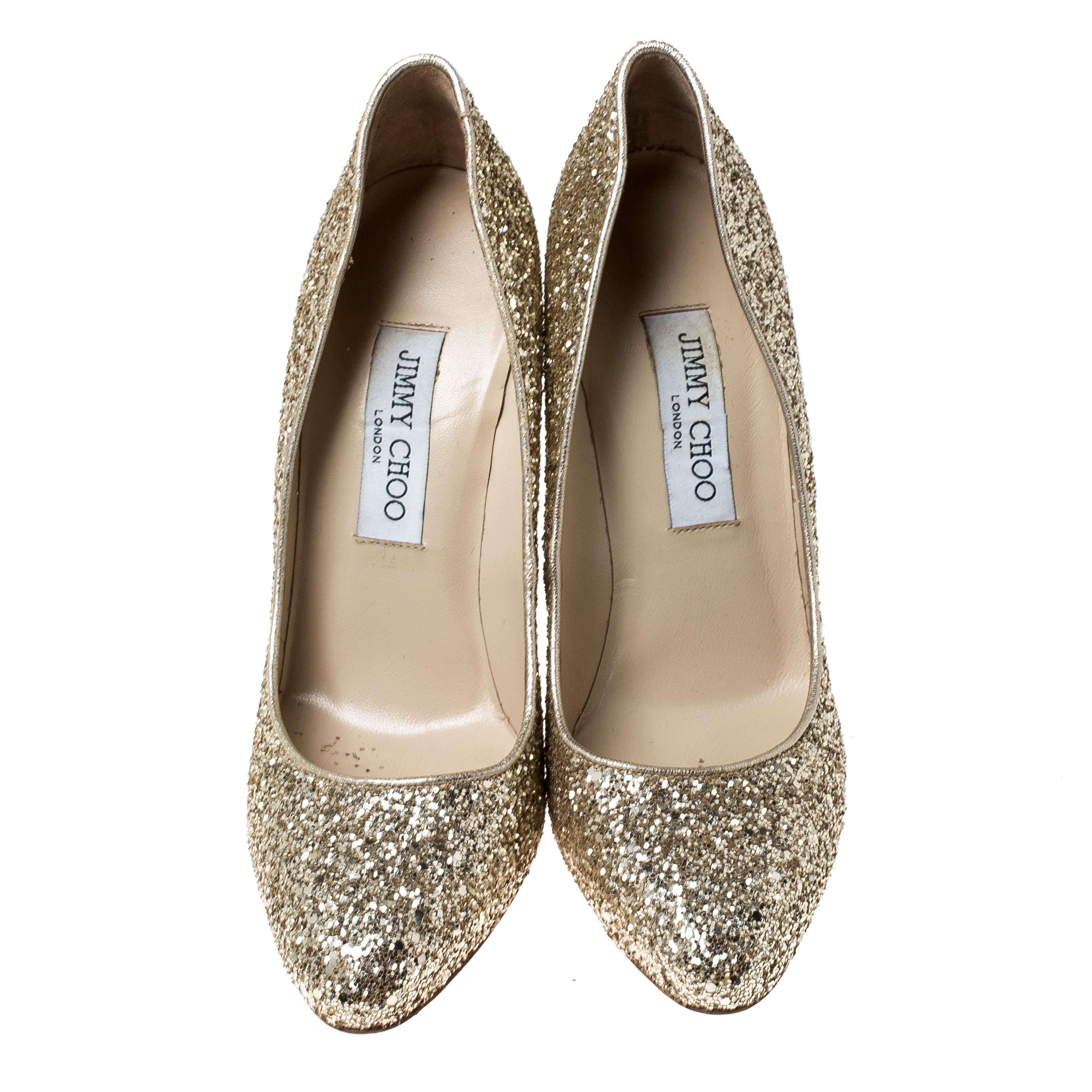 Brown Jimmy Choo Metallic Gold Glitter Victoria Pumps Size 38.5