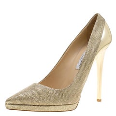 Jimmy Choo Metallic Gold Lamè and Leather Aude Pointed Toe Platform Pumps Size 4