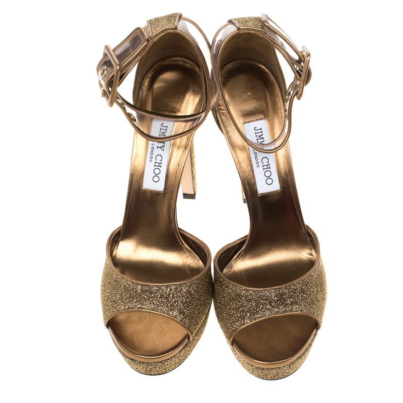Jimmy Choo Metallic Gold Lamè Fabric and PVC Mayner Ankle Cuff Sandals ...