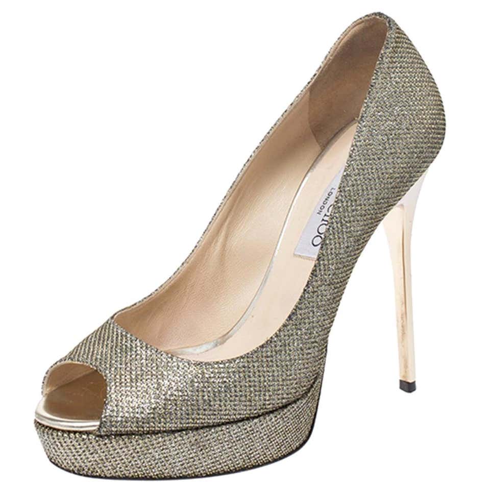 Jimmy Choo Metallic Gold Lame Fabric Dahlia Peep Toe Platform Pumps Size 38 at 1stDibs