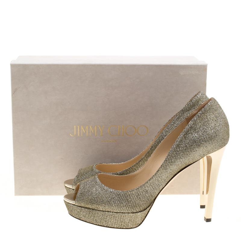 Jimmy Choo Metallic Gold Lamè Fabric Dahlia Peep Toe Platform Pumps Size 41 3