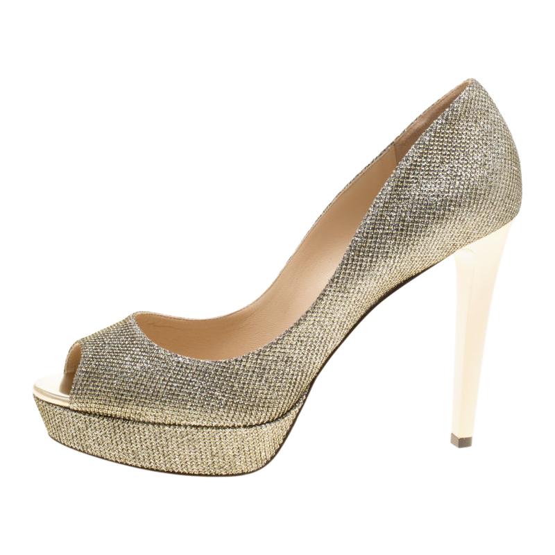 Jimmy Choo Metallic Gold Lamè Fabric Dahlia Peep Toe Platform Pumps Size 41