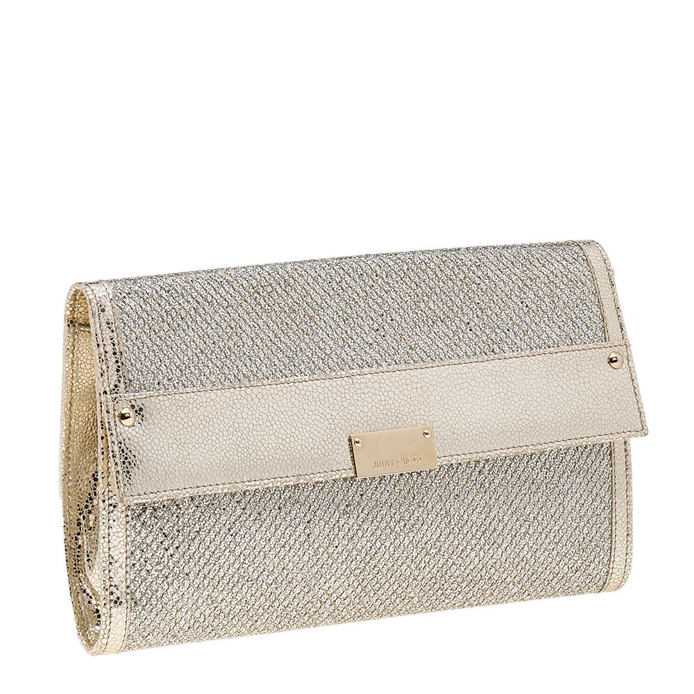 Gray Jimmy Choo Metallic Gold Leather and Glitter Reese Clutch