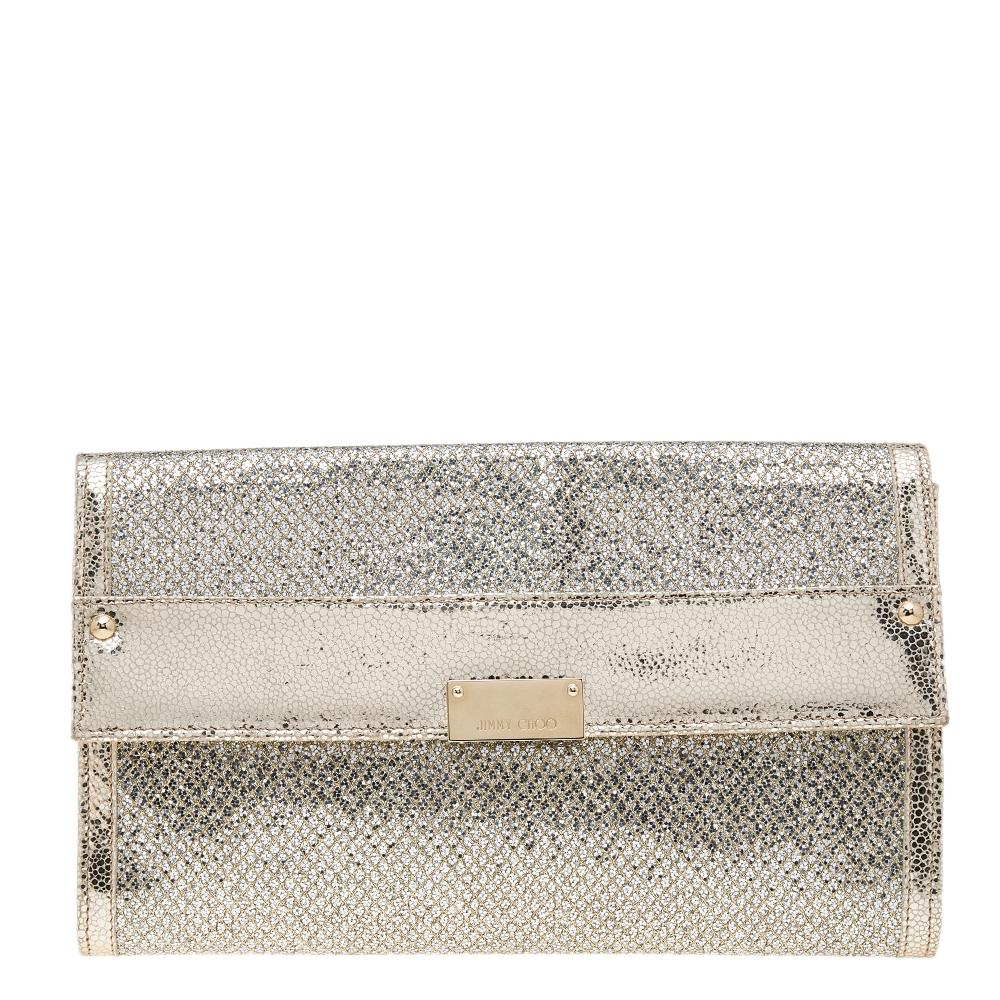 Jimmy Choo Metallic Gold Leather and Glitter Reese Clutch In Good Condition In Dubai, Al Qouz 2