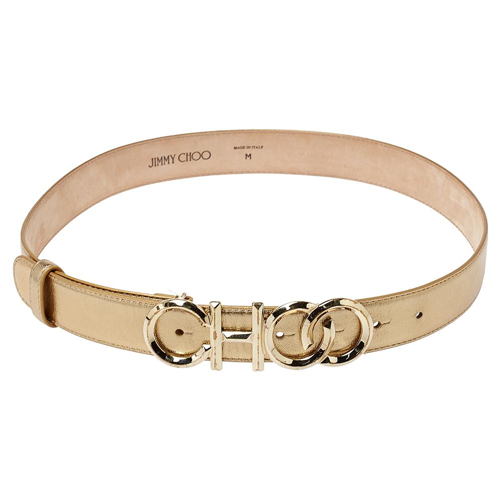 Jimmy Choo Metallic Gold Leder Choo Logo Schnalle Taille Gürtel Größe M im Zustand „Hervorragend“ in Dubai, Al Qouz 2