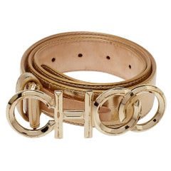 Jimmy Choo Metallic Gold Leather Choo Logo Buckle Waist Belt Size M
