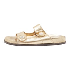Jimmy Choo Metallic Gold Leather Flat Slides Size 38