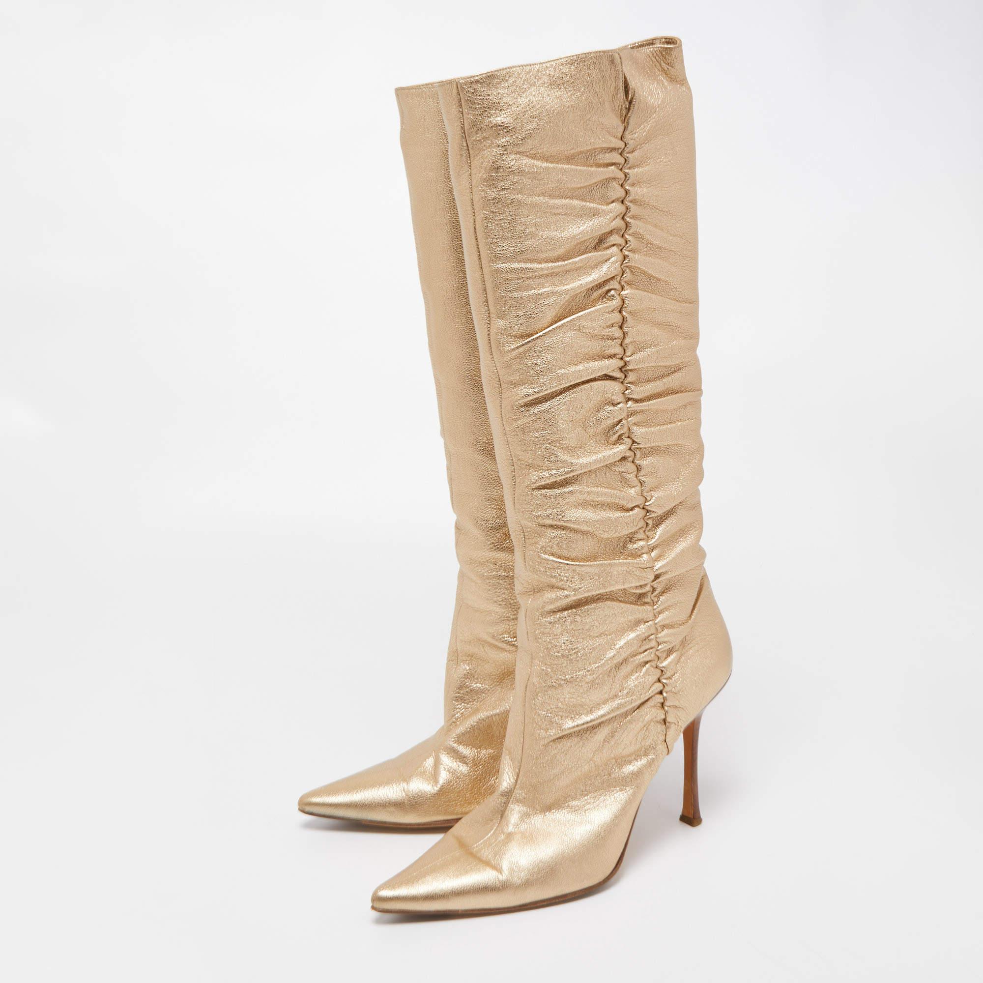 Jimmy Choo Metallic Gold Leather Knee Length Boots Size 41 For Sale 3