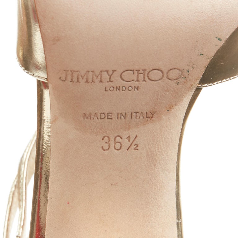 JIMMY CHOO metallic gold leather strappy ankle strap open toe heel ...