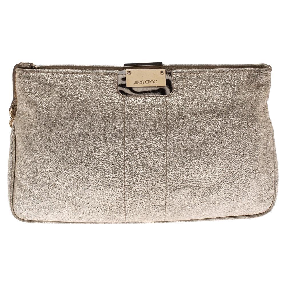 JIMMY CHOO Milla Clutch Bag in Gold Lamé Leather For Sale at 1stDibs