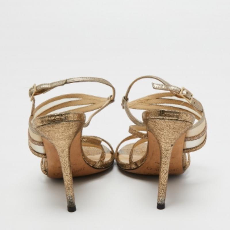 De las mujeres Jimmy Choo Sandalias con correa en el tobillo de malla y piel doradas metalizadas talla 36 en venta