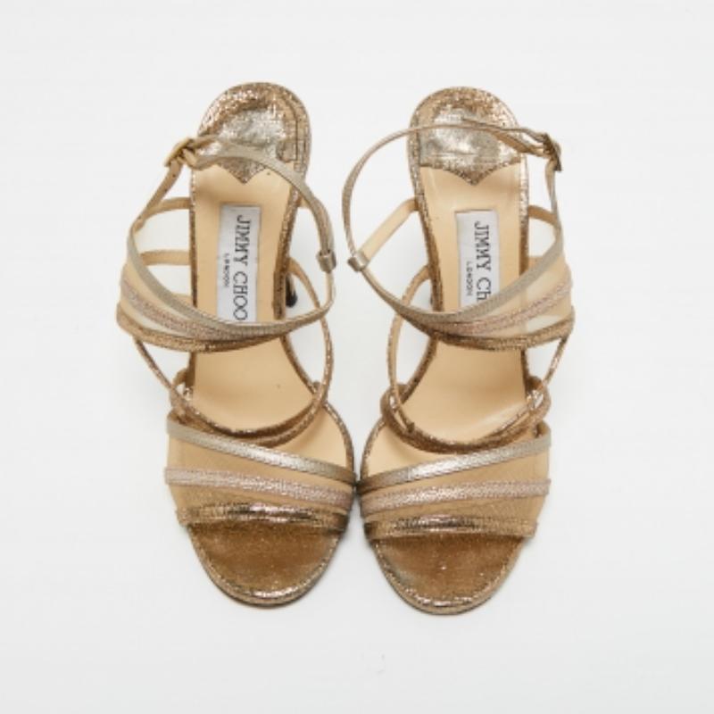 Jimmy Choo Sandalias con correa en el tobillo de malla y piel doradas metalizadas talla 36 en venta 2