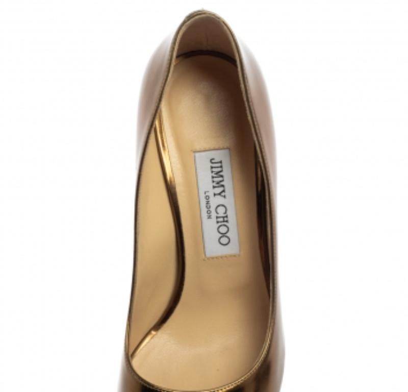 Women's Jimmy Choo Metallic Gold Patent Leather Dahlia Peep Toe Platform Pumps Size 38 For Sale