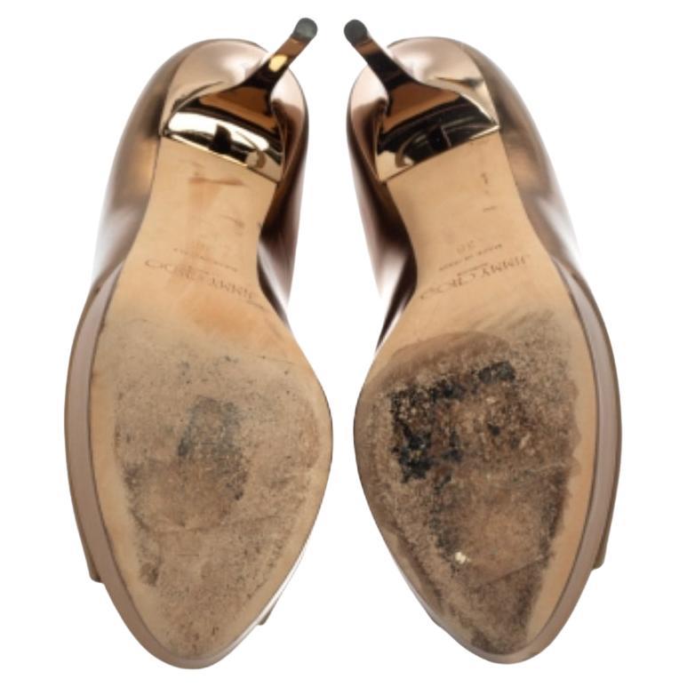 Jimmy Choo Metallic Gold Patent Leather Dahlia Peep Toe Platform Pumps Size 38 For Sale 2