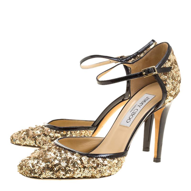 Women's Jimmy Choo Metallic Gold Sequin and Leather Tessa Ankle Strap Sandals Size 36.5 For Sale
