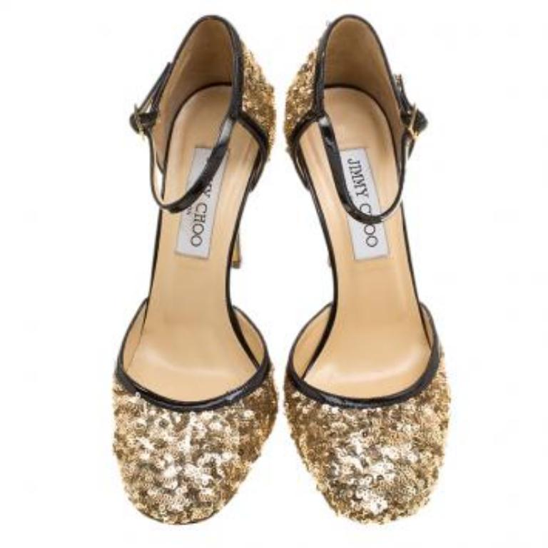 Jimmy Choo Sandales à lanières Tessa en cuir et paillettes dorées métalliques, taille 36,5 en vente 2