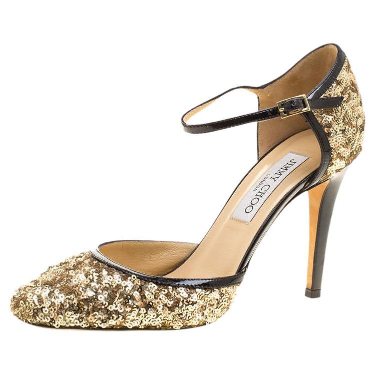 Jimmy Choo Metallic Gold Sequin and Leather Tessa Ankle Strap Sandals Size 36.5 For Sale