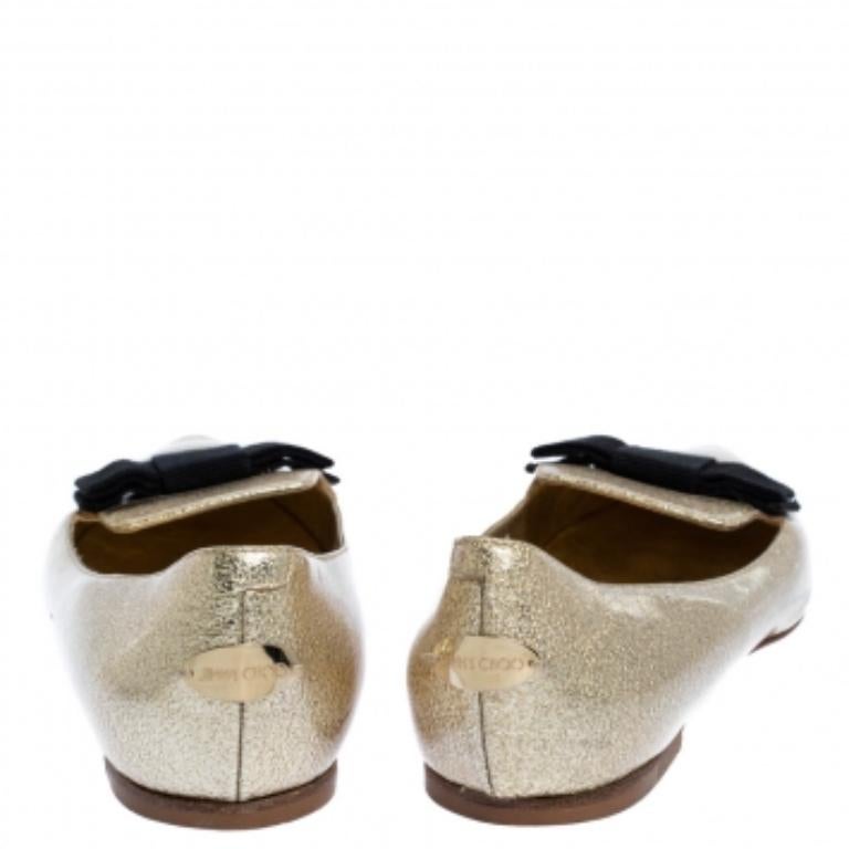 Gray Jimmy Choo Metallic Gold Textured Leather Gala Bow Ballet Flats Size 37.5 For Sale