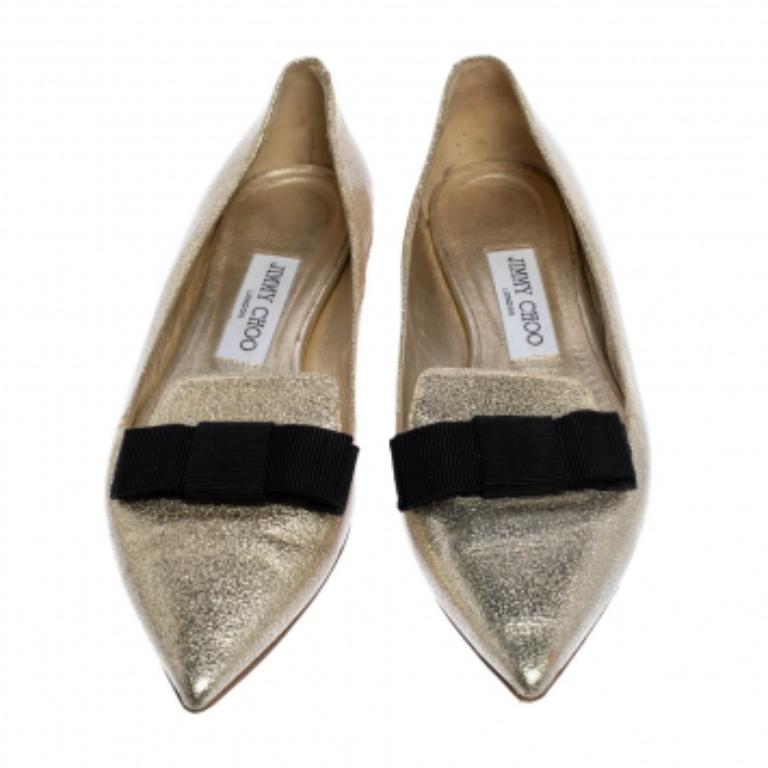 Jimmy Choo Metallic Gold Textured Leather Gala Bow Ballet Flats Size 37.5 In Good Condition For Sale In Dubai, Al Qouz 2