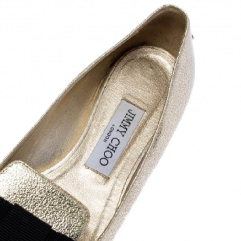Women's Jimmy Choo Metallic Gold Textured Leather Gala Bow Ballet Flats Size 37.5 For Sale