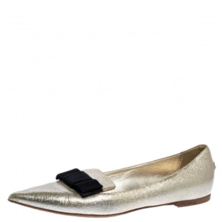 Jimmy Choo Metallic Gold Textured Leather Gala Bow Ballet Flats Size 37.5 For Sale 1