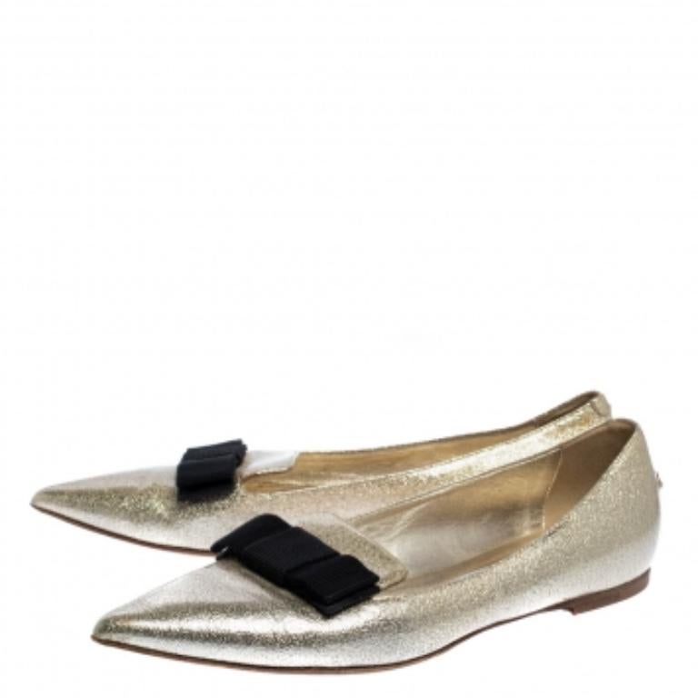 Jimmy Choo Metallic Gold Textured Leather Gala Bow Ballet Flats Size 37.5 For Sale 2