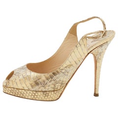 Jimmy Choo Metallic Gold Watersnake Platform Slingback Peep Toe Pumps Size 37.5