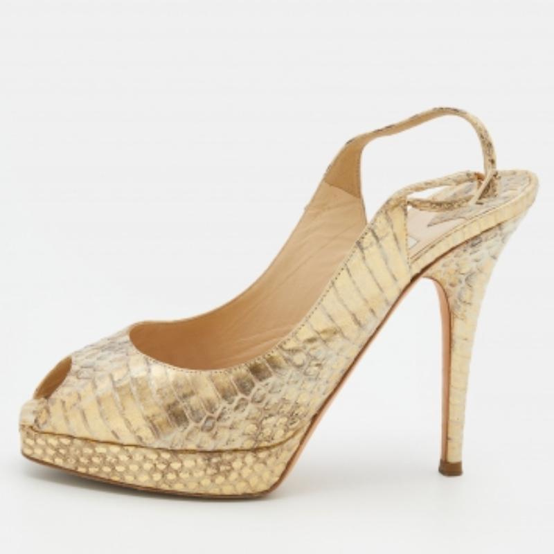 Jimmy Choo Metallic Gold Wasserschlangen Plateau Slingback Peep Toe Pumps Größe 37,5