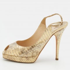 Jimmy Choo Oro metalizado Watersnake Plataforma Slingback Peep Toe Bombas Tamaño 37.5