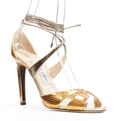 JIMMY CHOO metallic gold wrap around ankle strappy high heel sandals EU36.5