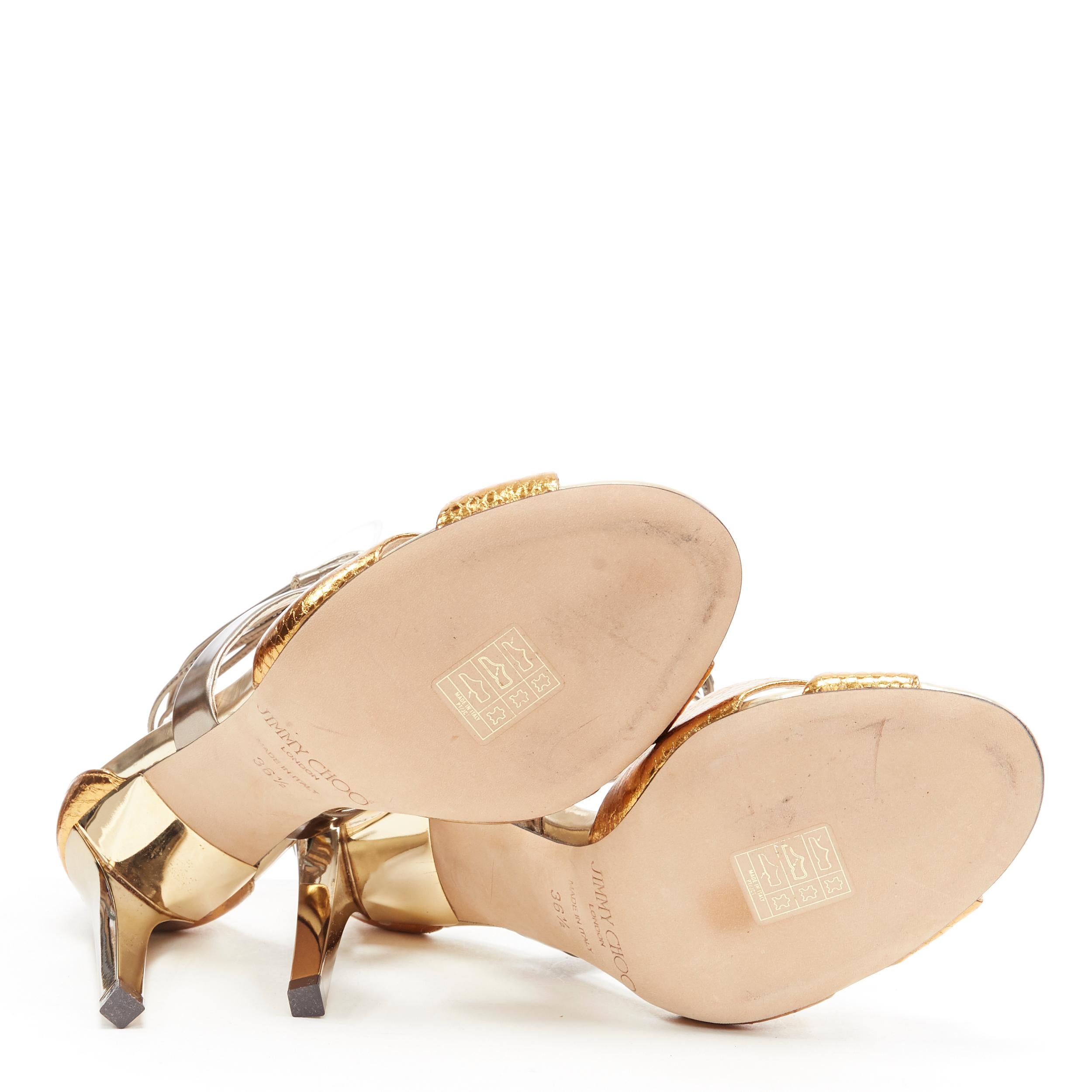Gold JIMMY CHOO metallic gold wrap around ankle strappy high heel sandals EU36.5