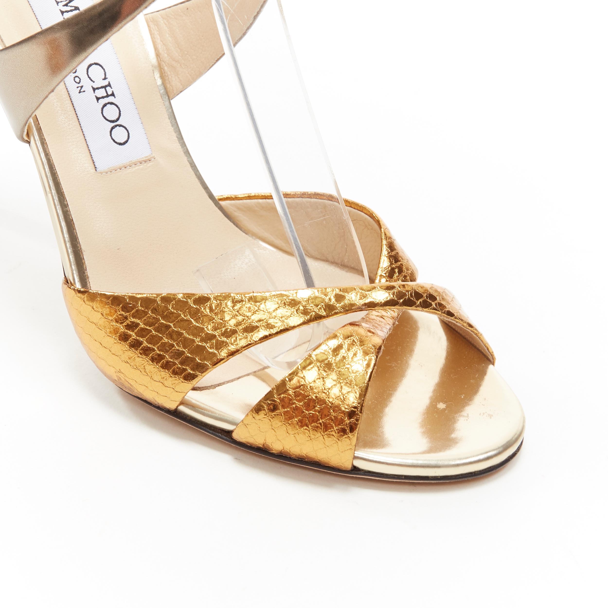 Women's JIMMY CHOO metallic gold wrap around ankle strappy high heel sandals EU36.5
