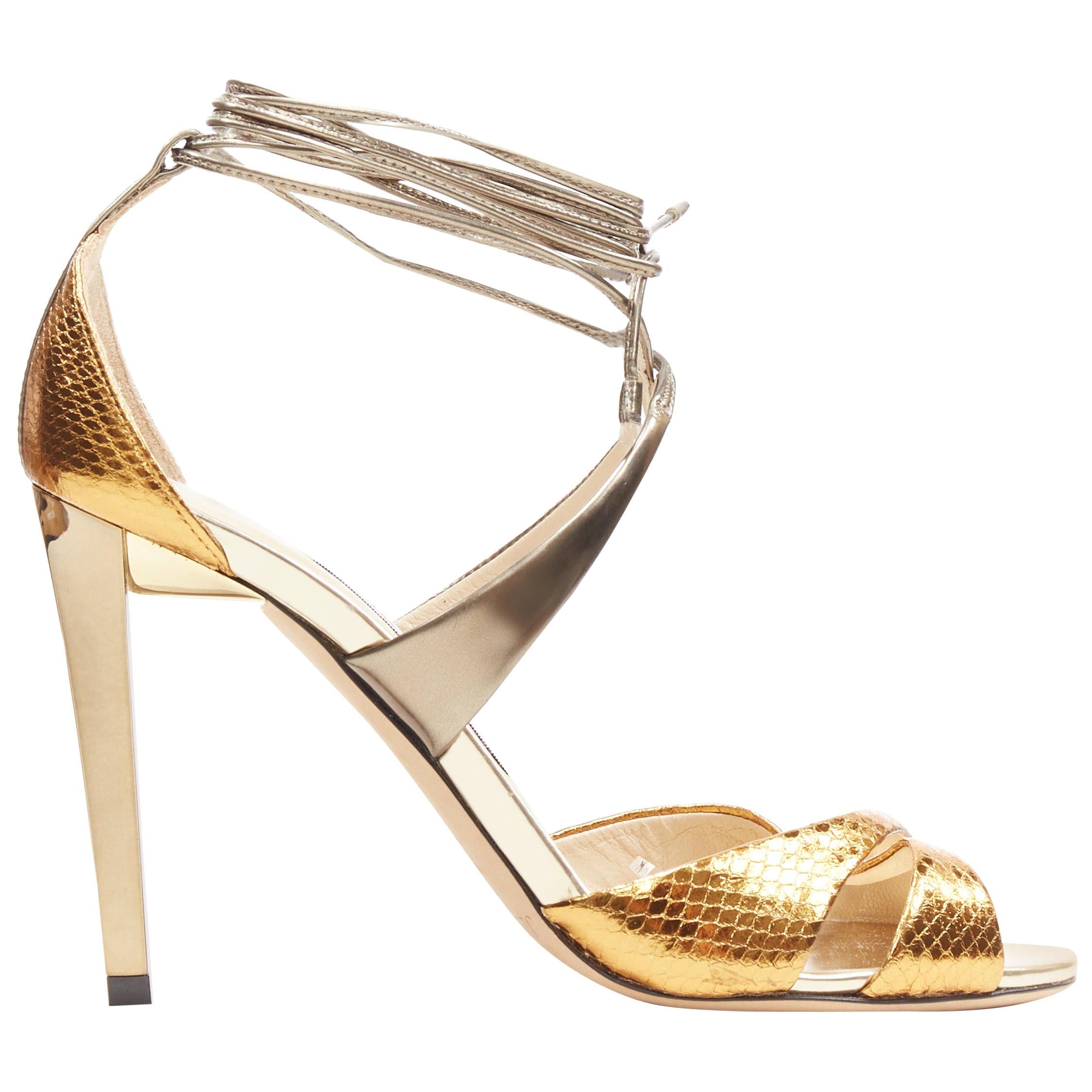 JIMMY CHOO metallic gold wrap around ankle strappy high heel sandals EU36.5