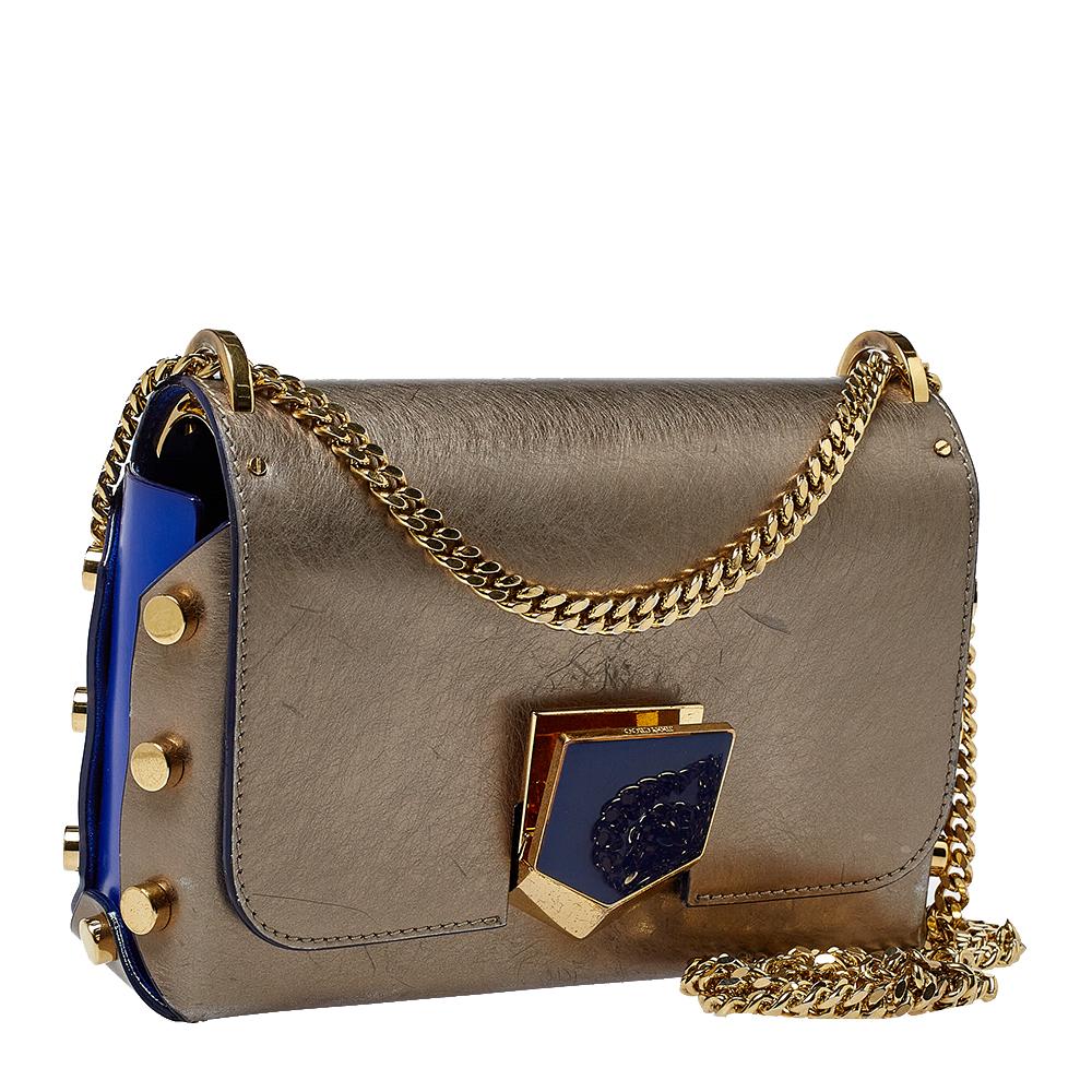 Jimmy Choo Metallic Grey/Blue Leather Lockett Shoulder Bag In Good Condition In Dubai, Al Qouz 2