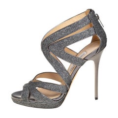 Jimmy Choo Metallic Grey Glitter And Lurex Collar Platform Sandals Size 37