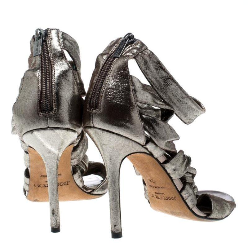 Gray Jimmy Choo Metallic Grey Leather Ankle Strap Sandals Size 38
