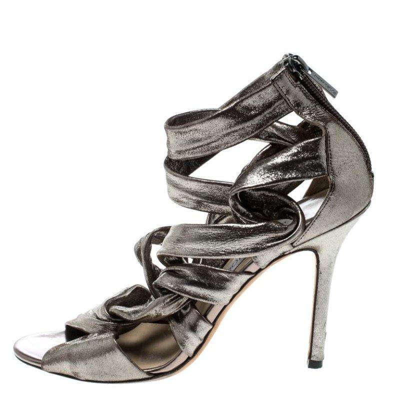 Jimmy Choo Metallic Grey Leather Ankle Strap Sandals Size 38 2
