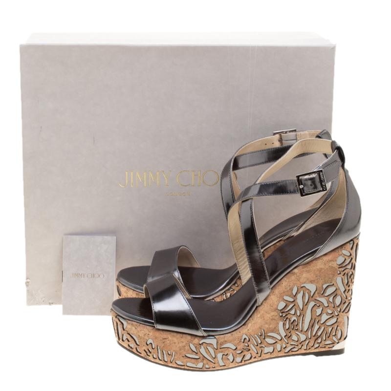 Jimmy Choo Metallic Grey Portia Laser Cut Cork Wedge Cross Strap Sandals Size 41 3