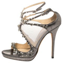 Jimmy Choo Metallic Leather and Mesh Embellished Sandals Size 40