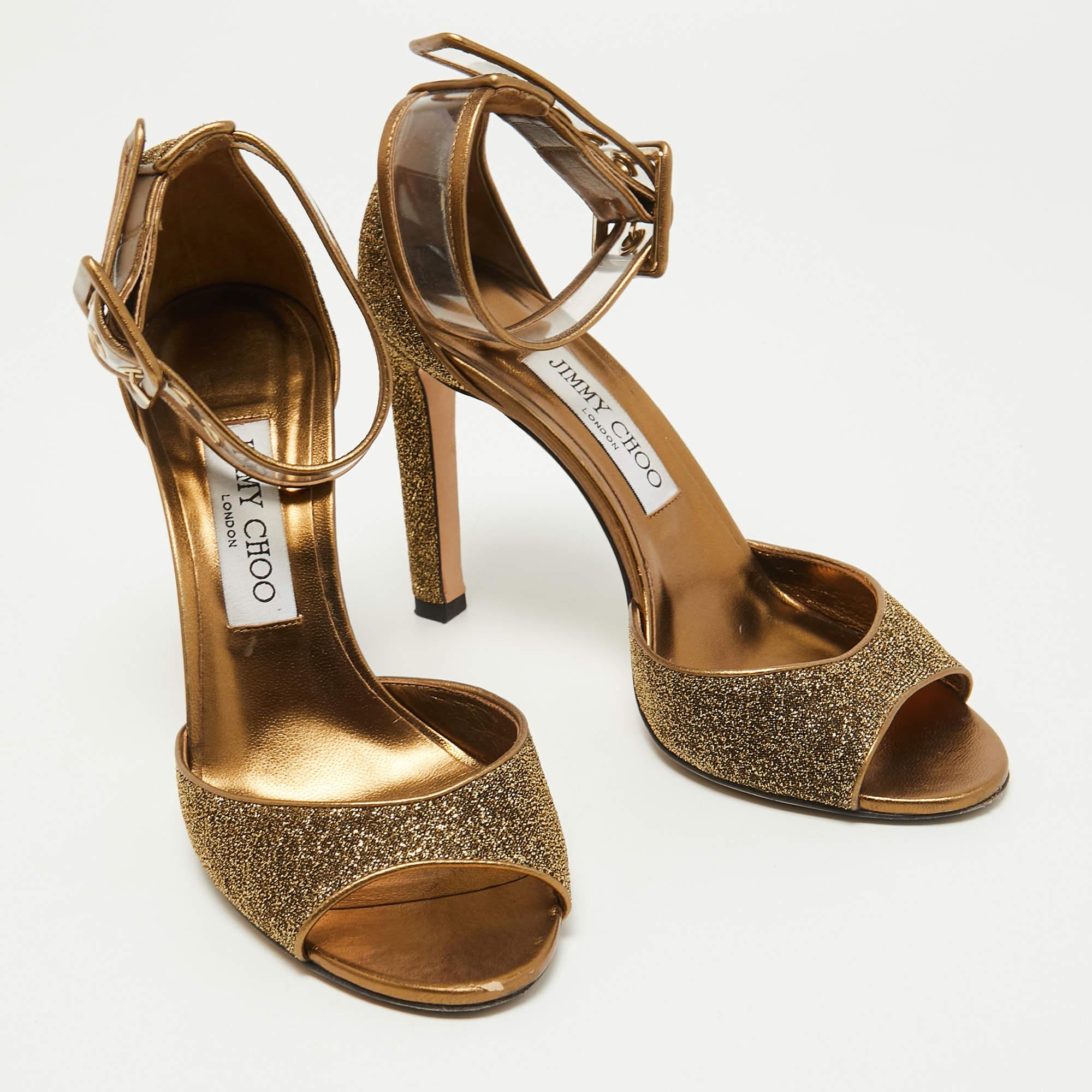 Jimmy Choo Metallic Lurex Fabric and PVC Moscow Ankle Strap Sandals Size 37.5 In Good Condition In Dubai, Al Qouz 2